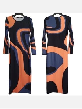 Women's Long-Sleeve Bodycon Dress with a Round Neck And Wave Pattern Print
